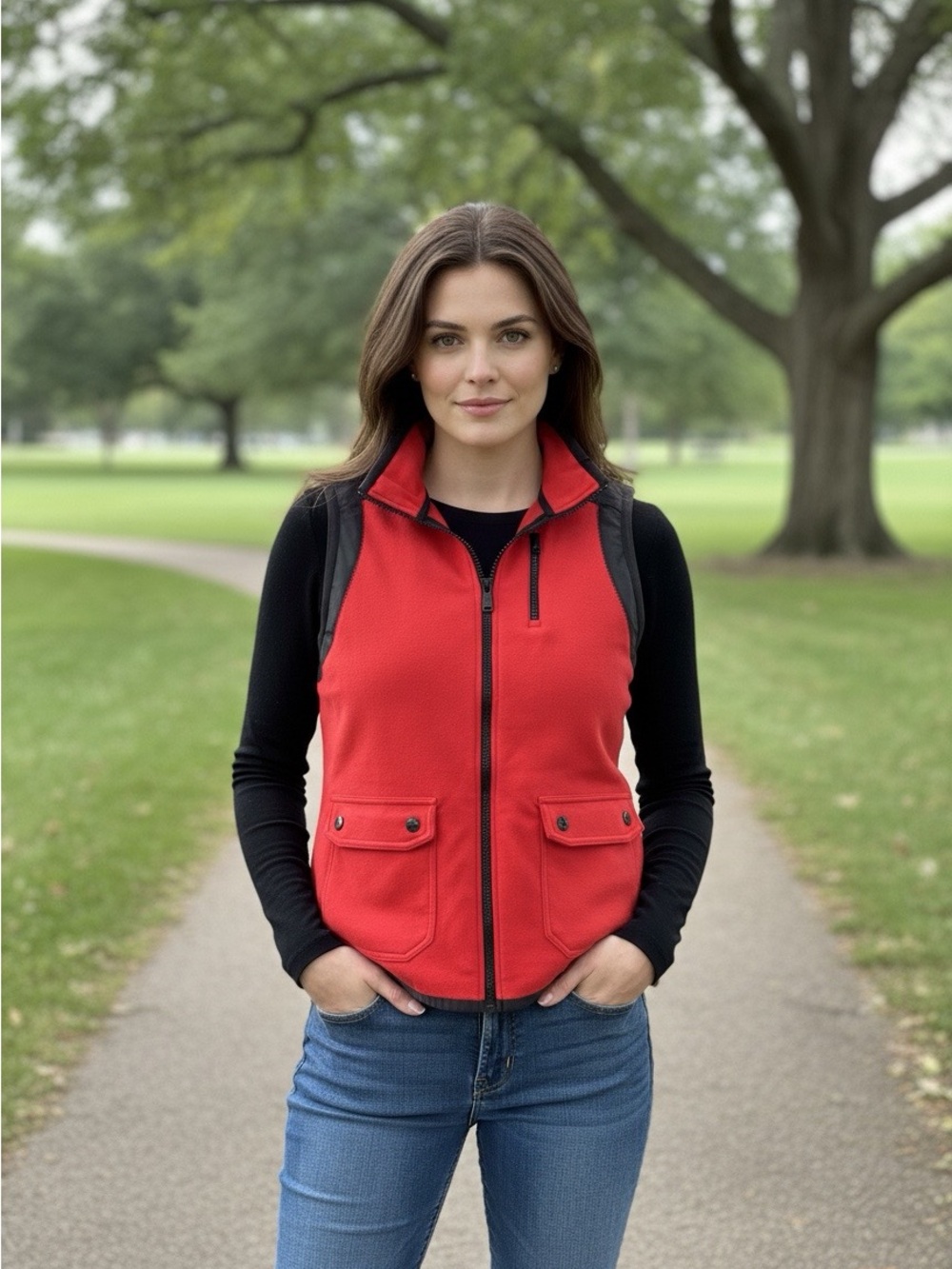 Lauren Ralph Lauren Red Fleece Vest with Black Trim